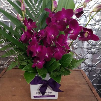 A box of purple orchids with green foliage
