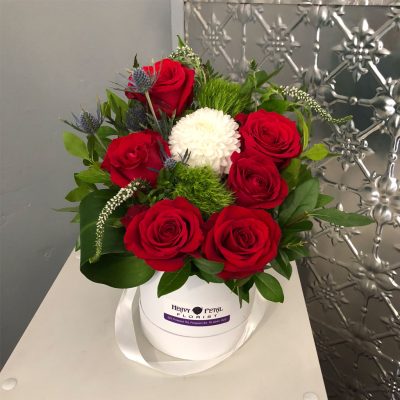 Roses, Lavender and green foliage in a hat box.