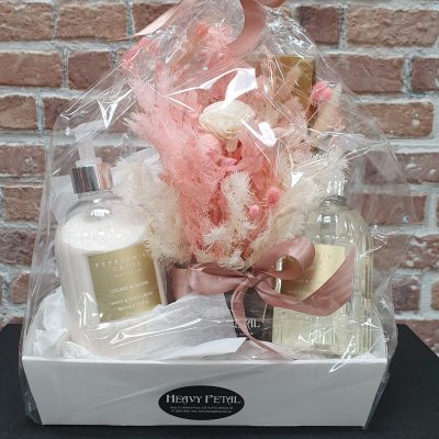 Gift hamper including preserved flower arrangement