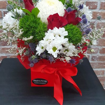 Arrangement of flowers in a box