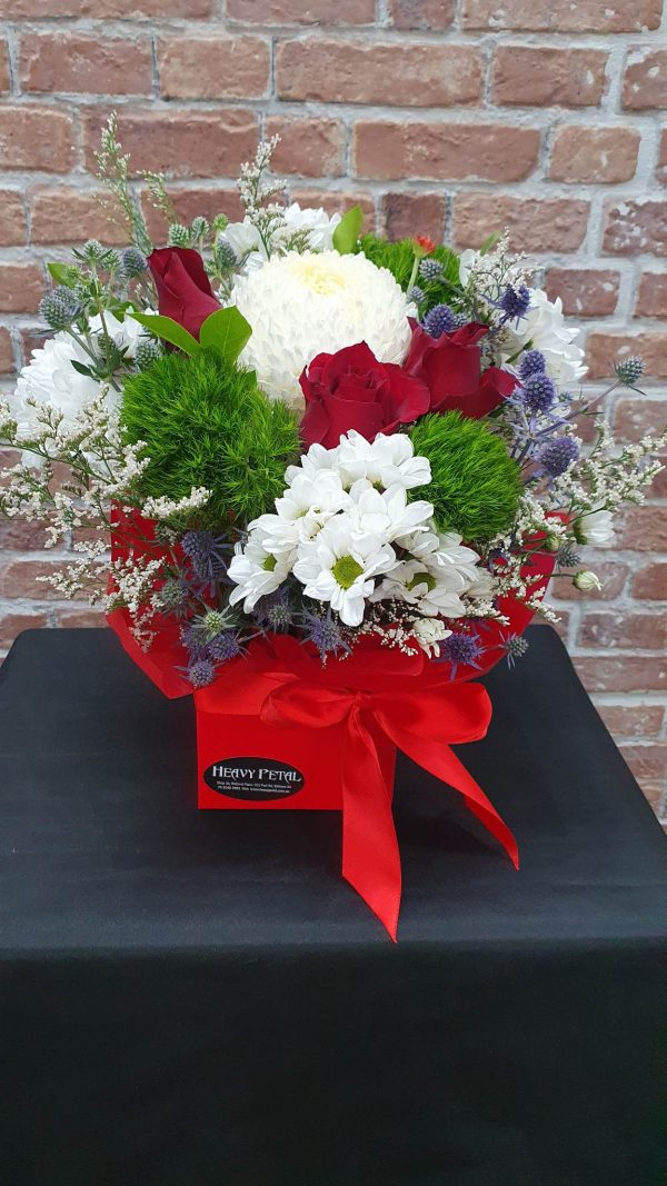 Arrangement of flowers in a box